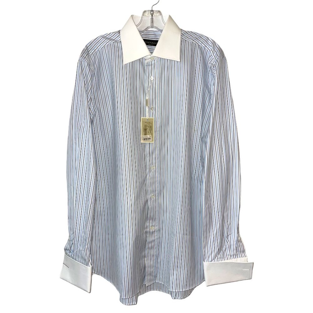Canali Blue White Cotton Striped Long Sleeve Button Down Shirt NWT
